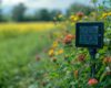 Advanced Agriculture Technology Monitors Soil Moisture Amidst Vibrant Flowers in a Sunny Green Field