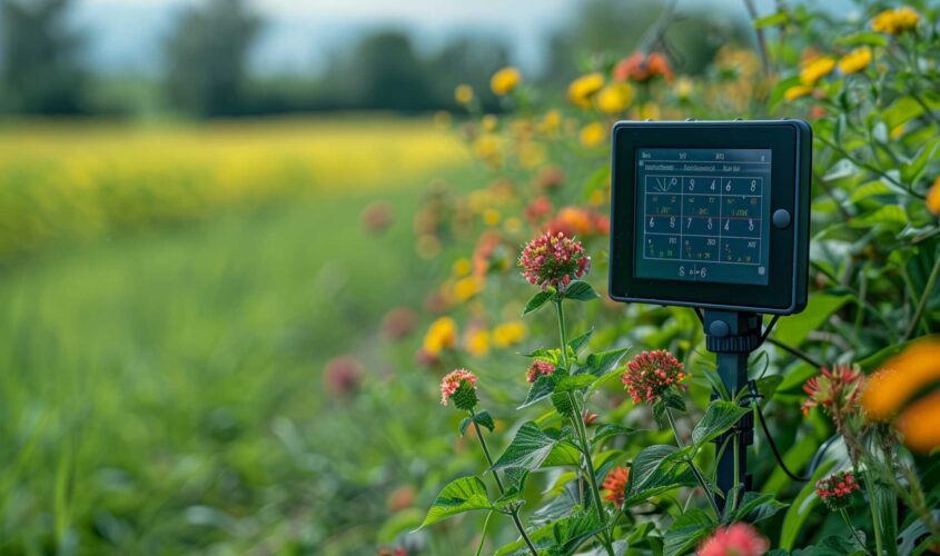 Advanced Agriculture Technology Monitors Soil Moisture Amidst Vibrant Flowers in a Sunny Green Field